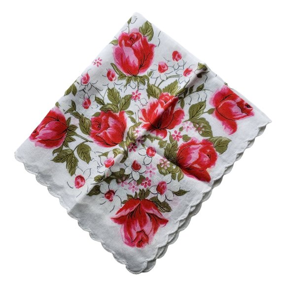 Unbranded Accessories - Vintage Ladies Handkerchief /Hankies Pink Red Scalloped Roses Butterflies